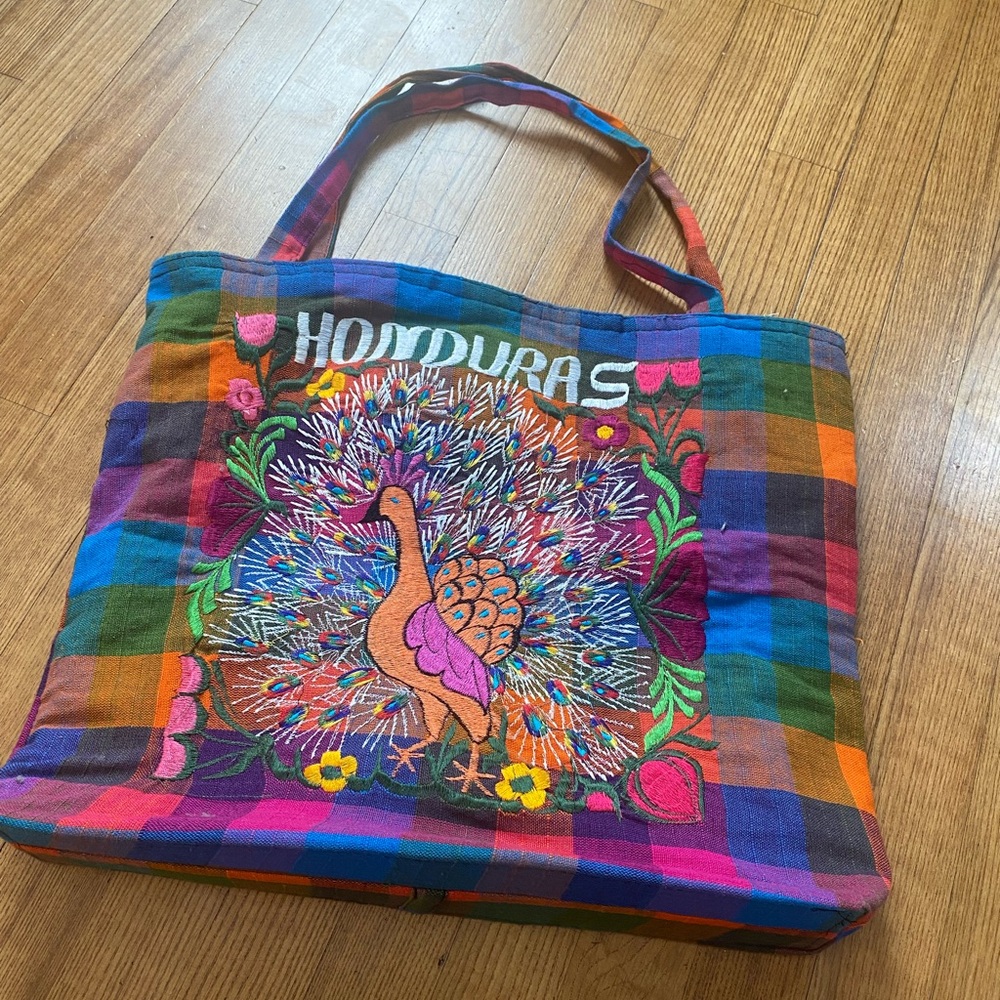 Gorgeous Honduras Colorful Bold Embroidered Tote Bag peacock novelty island bag